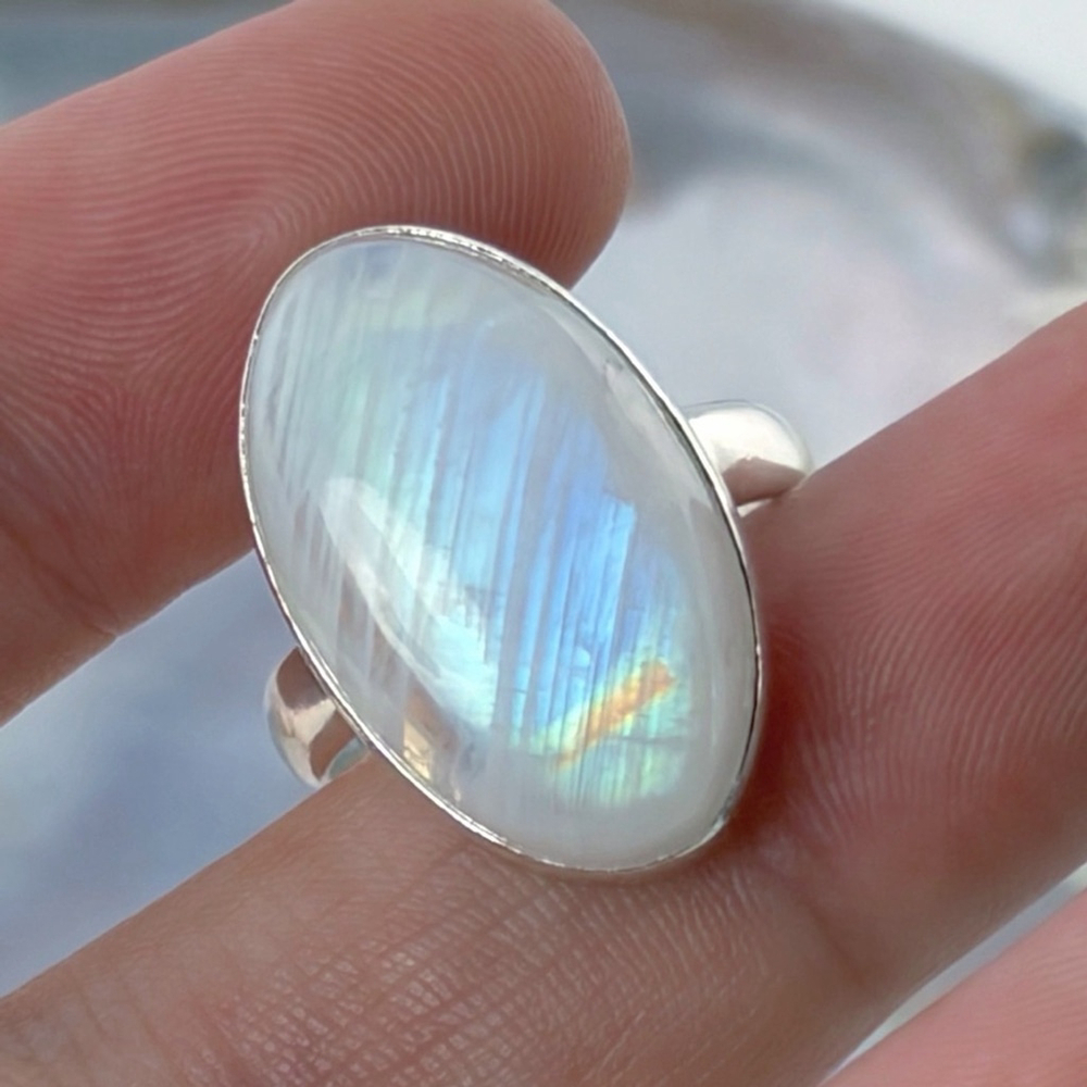 Rainbow Moonstone Ring Size 7 Pure Sterling Silver 925 Oval Boho New - Picture 6 of 12